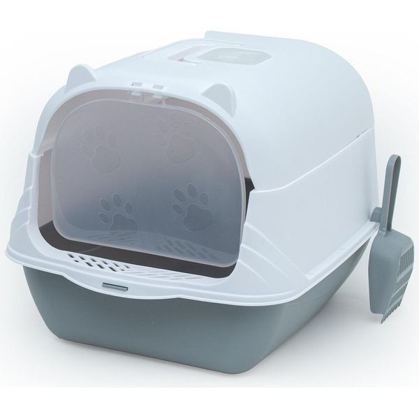 Intirilife Lettiera Per Gatti Con Coperchio Con Paletta In Grigio-Bianco -51 X 37,5 X 34,5 Cm- Lettiera Per Gatti Con Coperchio, Toilette Moderna E Chiusa Per Gatti- Lettiera A Cuffietta Per Gatti- Formazione Di Odori Ridotta-image