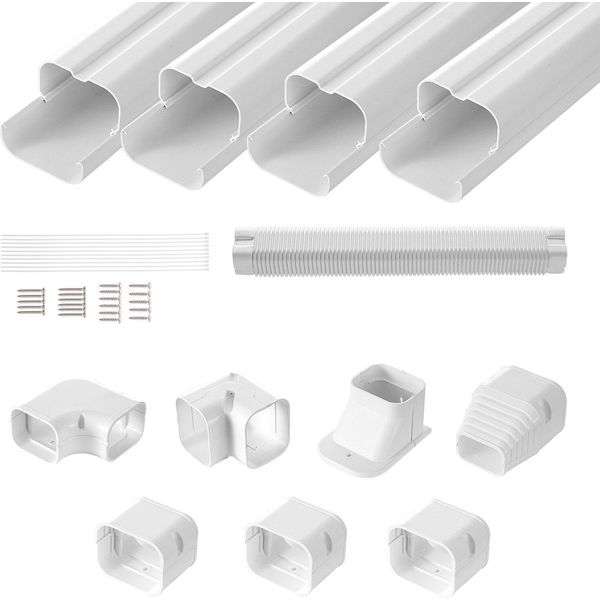 Copri Linea Mini Split 76,2 Mm L 4830 Mm L, Copertura Decorativa Delle Tubazioni In Pvc Per Il Condizionamento Dell'aria Con 4 Condotti Diritti E Componenti Completi, Verniciabile Per Pompe Di Calore, Bianco-image
