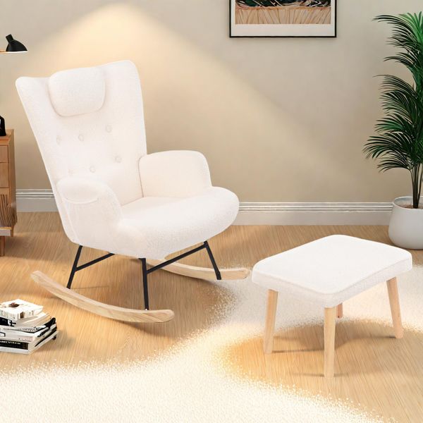 Set Di Sedie A Dondolo Proximax In Tessuto Orsetto Bianco Con Cuscino, Poggiapiedi E Tasca Laterale, Comoda Poltrona Relax Per Il Soggiorno O La Camera Da Letto-image