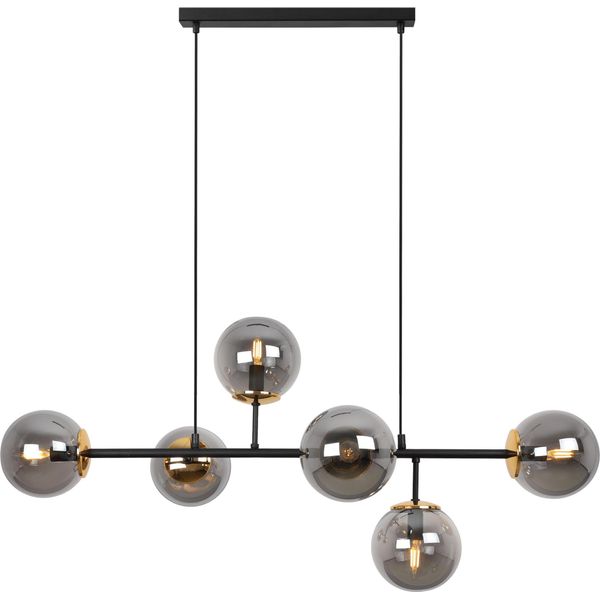 Plafoniera Siena Nero-Oro 6 Luci Vetro Grigio Fumo E14 Bracci Lunghi-image