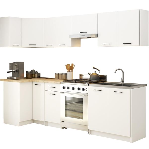 Set Da Cucina: Un Cassetto, Undici Ante, Sedici Ripiani, Colore: Bianco, Dimensioni Del Mobile: L: 300 Cm, A: 203 Cm, P: 46 Cm-image