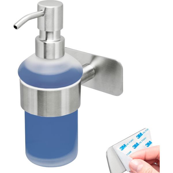 Bremermann Serie Bagno Piazza Tape - Distributore Di Sapone Senza Foratura - Con Cuscinetto Adesivo, In Vetro Satinato E Acciaio Inox, Opaco-image
