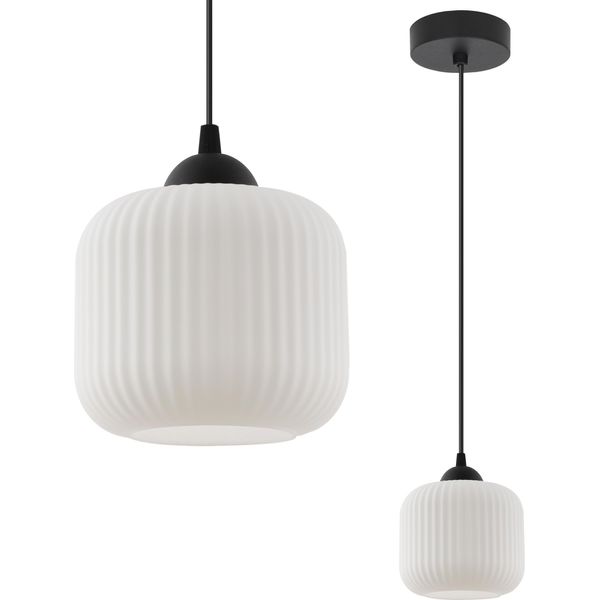 Lampada A Sospensione Riffle Nero 1 Luce Vetro Bianco Cilindro E27-image