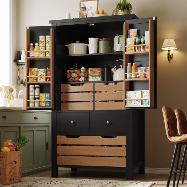 Mobile Da Cucina Sweiko (80X40X140Cm), Buffet Alto Da Cucina, Buffet Multiuso, Mobile Snack, Mobile Contenitore Con Due Ante E Cinque Cassetti, Nero/Bianco-image