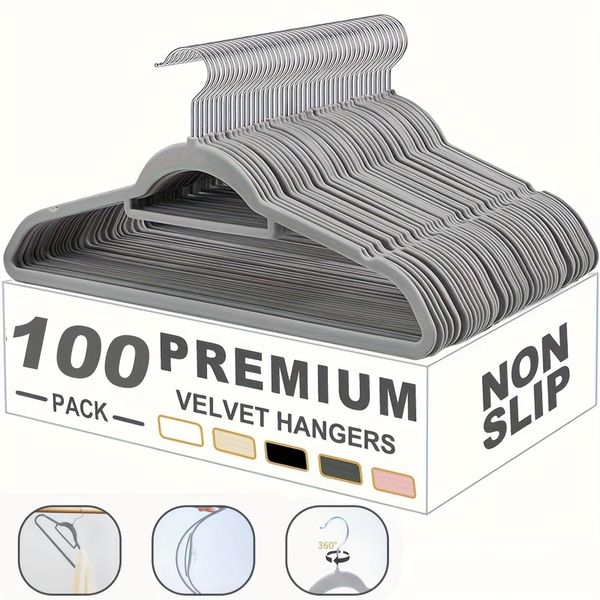 100 Pezzi Appendiabiti Antiscivolo, Salvaspazio, Ruotabile A 360°, Appendiabiti In Velluto Antiscivolo, Appendiabiti Premium Con Portacravatte, Grigio.-image