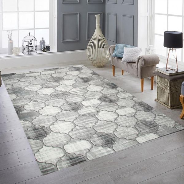 Tappeto Moderno A Pelo Corto Con Motivo Ornamentale Grigio-Beige Con Accenti Crema Dimensioni - 120 X 170 Cm-image