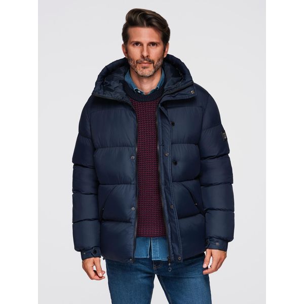Giacca Da Uomo Trapuntata Ombre Con Collo Alto E Cappuccio Blu Scuro-image