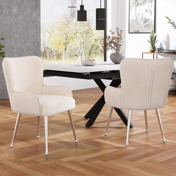 Sedia Da Pranzo In Velluto Sweiko, Set Di 2, Lussuosa, Da Soggiorno, Da Camera Da Letto, Da Salotto Con Quattro Gambe Di Sostegno In Metallo Argentato, Con Braccioli E Piedini Regolabili, Supporto Lombare, Beige-image