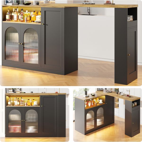 Fortuna Lai Tavolo Da Bar Girevole A 360° (Corpo Principale: 198 X 39,6 X 97 Cm), Armadio Nero Opaco Con Scrivania In Legno Massello, Con Ante In Vetro E Illuminazione A Led, Credenza, Cantinetta, Angolo Caffè-image