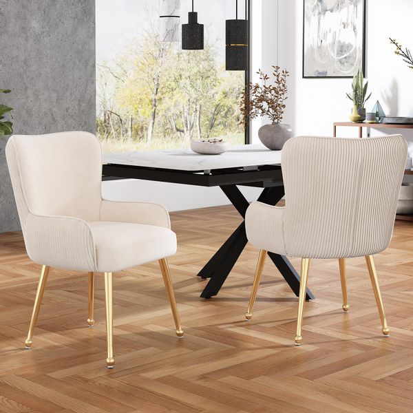 Sedia Da Pranzo In Velluto Sweiko, Set Di 2, Lussuosa, Da Soggiorno, Da Camera Da Letto, Da Salotto Con Quattro Gambe Di Sostegno In Metallo Dorato, Con Braccioli E Piedini Regolabili, Supporto Lombare, Beige-image