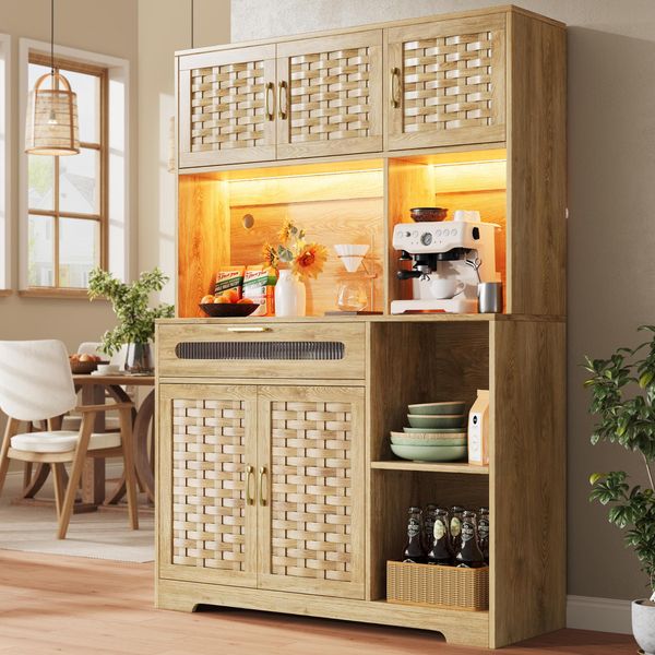 Armadietti Alti Sweiko Per Soggiorno (120×40×180Cm), Mobile Da Cucina, Mobile Da Sala Da Pranzo Con Cassetti, Ante Del Mobile In Mdf Intrecciate, Armadietti Con Illuminazione A Led, Vetrina Indipendente Per Cucina Soggiorno Sala Da Pranzo Bar-image