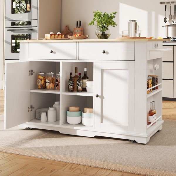 Isola Cucina Fortuna Lai, Carrello Cucina Dotato Di Presa Multipla, Armadio Cucina, Carrello Di Servizio Con Piano Di Lavoro, Credenza, Carrello Portavivande Con Venature Del Legno, Credenza, Bianco-image