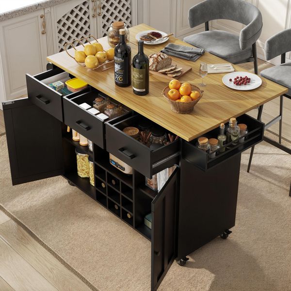 Carrello Portavivande Fortuna Lai, Carrello Cucina, Carrello Portavivande Estraibile Con Piano Di Lavoro, Portasciugamani E Ripiano Per Spezie, Pareti Divisorie Regolabili, Credenza, Armadietti Da Cucina, Piano Tavolo Con Venature Del Legno, Nero-image