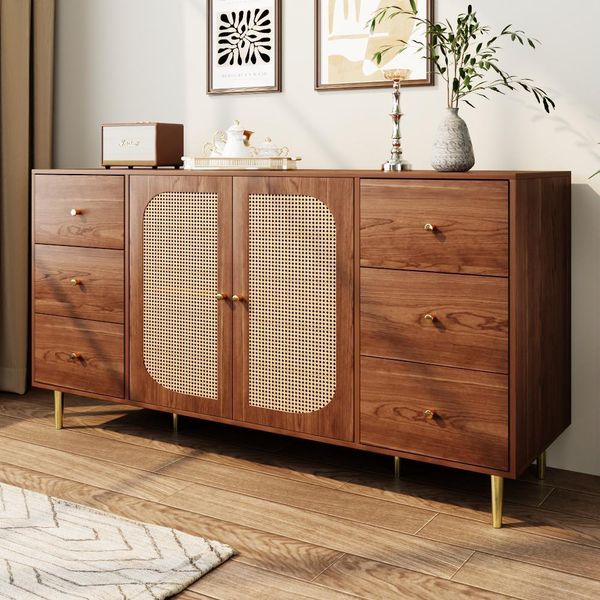 Credenza Sweiko, Credenza In Rattan, Mobile Contenitore Con Cassetto, Mobile In Legno Indipendente, Cucina, Casa, Soggiorno, Marrone, 160 X 40 X 90 Cm-image