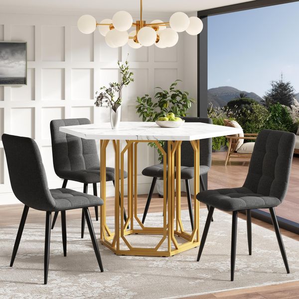 Set Tavolo Da Pranzo Sweiko (5 Pezzi), Tavolo Da Pranzo Esagonale, Tavolo Da Pranzo 110 X 95 X 76 Cm (Incl. 4 Sedie), Tavolino Poligonale Per 4 Persone, Panca In Lino (Incl. Tavolo Da Pranzo Con Piano In Marmo), Sedie Grigie-image