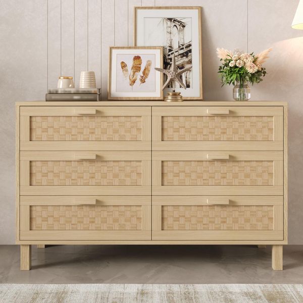 Fortuna Lai Elegante Credenza E Cassettiera In Legno Naturale Con Sei Cassetti, Armadio Da Camera Da Letto Con Ampio Spazio Contenitivo, Cassetti Effetto Rattan.-image