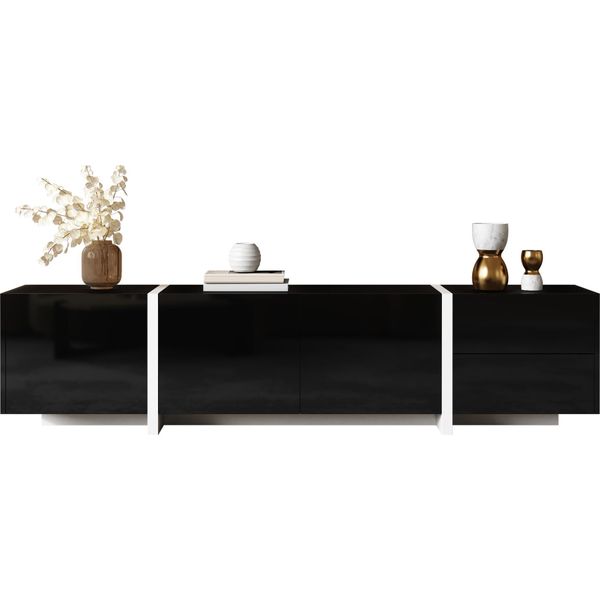 Porta Tv Sweiko Con Mobile Basso, Mobile Nero Lucido Con Gambe Bianche A Contrasto Ed Eleganti Ante E Cassetti, Con Striscia Luminosa A Led.-image