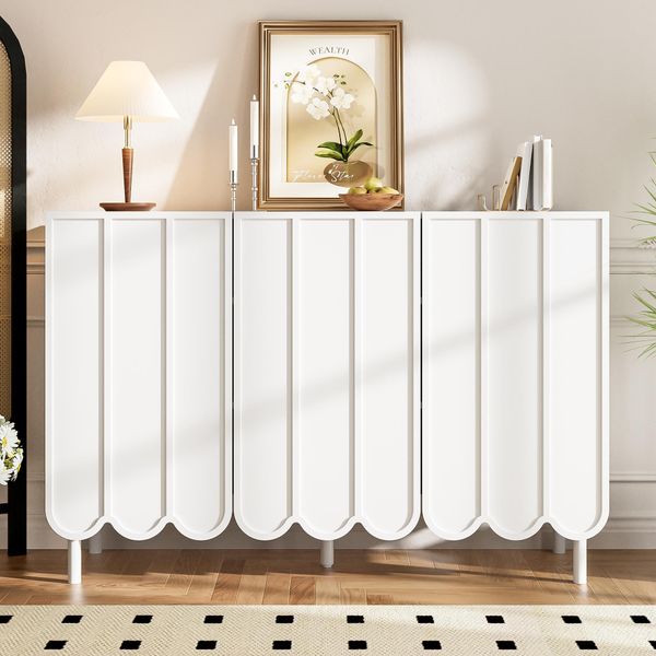 Credenza Moderna Sweiko Bianca Con Ante Ondulate - 120X35X80 Cm - Senza Maniglie, Ripiani Regolabili - Spazio Di Archiviazione Per Soggiorno, Corridoio E Sala Da Pranzo-image