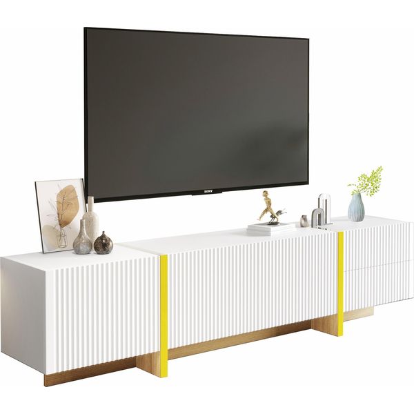 Mobile Tv Sweiko 190 Cm, 3 Ante, 2 Cassetti, Bianco Con Venature Oro E Legno-image