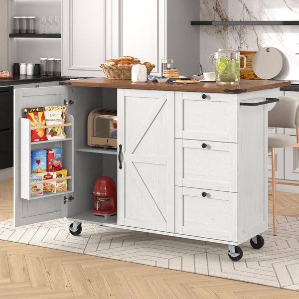 Isola Cucina Fortuna Lai, Carrello Di Servizio Con Piano Di Lavoro Estraibile, Armadio Da Cucina, Carrello Da Cucina, Carrello Portavivande Con Venature Del Legno, Carrello Portavivande Con Due Ante E Tre Cassetti-image