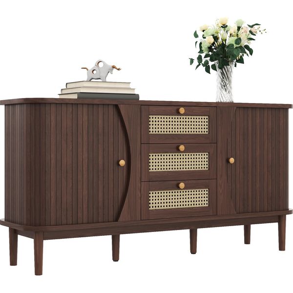 Credenza Sweiko, Cassettiera In Rattan, Cassettiera Con Ante Scorrevoli, Ripiani Regolabili E Piano Arrotondato.-image