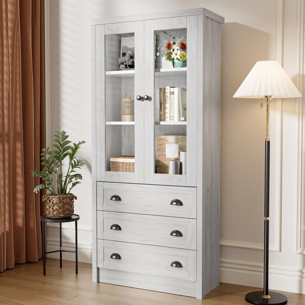 Fortuna Lai Mobile Alto Moderno 80X34X171 Cm – Effetto Legno Con Ante In Vetro, 3 Cassetti E Maniglie In Rame – Elegante Mobile Contenitore Per Soggiorno, Ufficio E Corridoio-image