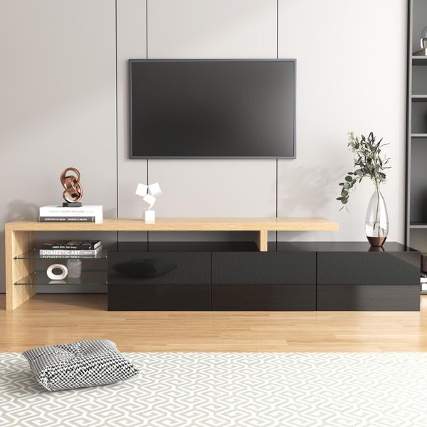 Design Moderno Del Mobile Tv Sweiko: Eleganza Elegante, Pratico Spazio Di Archiviazione, Nero Lucido, Aspetto Legno, Ripiani In Vetro, Illuminazione A Led-image