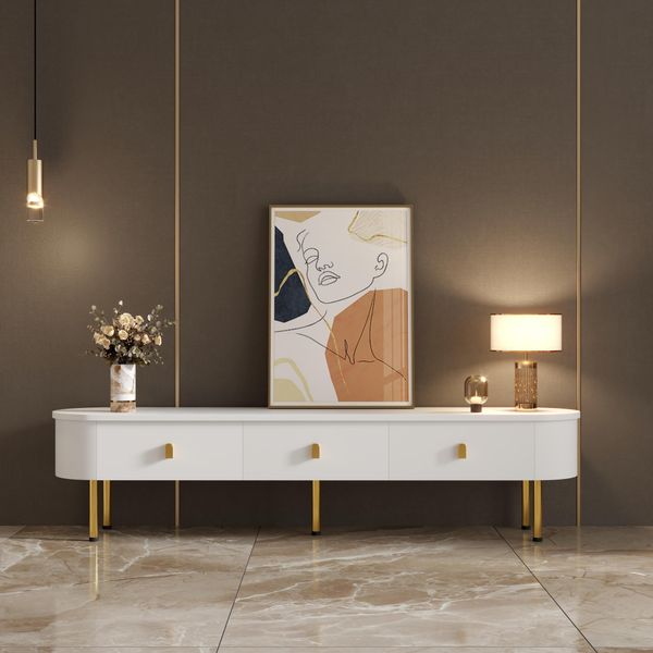 Porta Tv/Scrivania Con Cassetti, Maniglie E Gambe Dorate, Angoli Arrotondati, Bianco-image