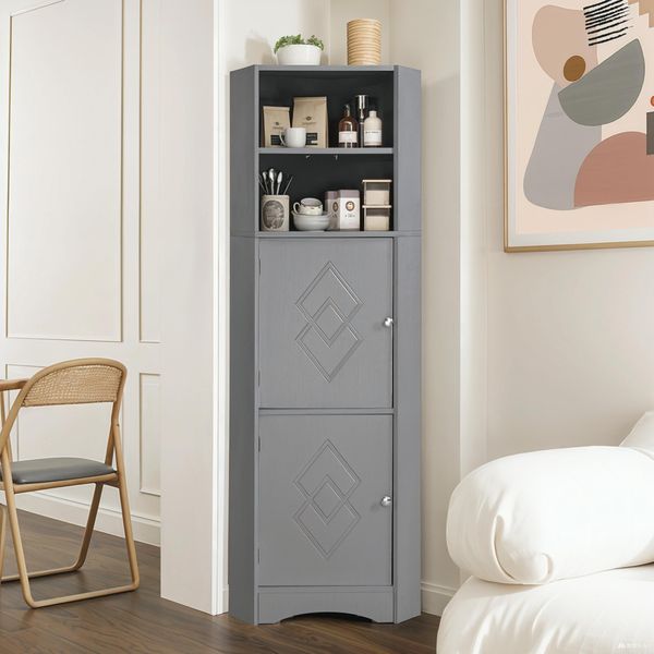 Mobile Da Bagno Sweiko, Mobile Da Bagno, Mobile Angolare Con Due Scomparti, Scomparto Aperto Con Ripiano Regolabile, 36,5X 36,5 X 155 Cm, Grigio Chiaro-image