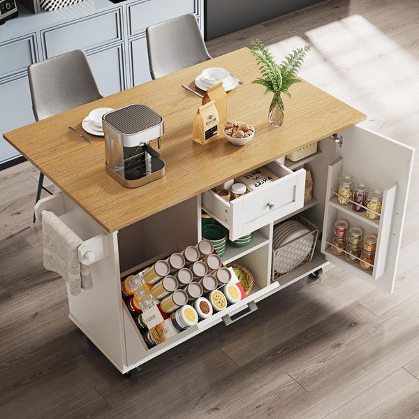 Fortuna Lai Isola Cucina Moderna, Mobile Cucina Per Pattumiera, Credenza, Tavolo Da Pranzo Multifunzionale Con Spazio Contenitore, Carrello Portavivande Con Ripiani Per Snack E Armadi Con Funzione Estensibile, Bianco-image