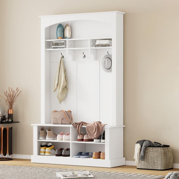 Set Appendiabiti Sweiko Con Panca E Scarpiera, Panca Multifunzionale Con 3 Ganci Per Appendere E Spazio Aperto, Appendiabiti Rettangolare Per Corridoio, Bianco, H190/B120/D40 Cm-image
