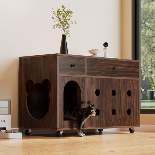 Armadietto Per Lettiere Sweiko (Lettiera Mobile) - Armadietto/Casa Per Gatti Con Piastra Di Drenaggio Della Sabbia Rimovibile, Isolato Dagli Odori, Senza Lettiera, 100×45×66 Cm, Colore Noce-image