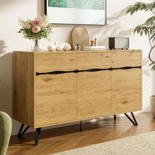Credenza Sweiko A 3 Ante In Legno Con Gambe In Metallo - Design Moderno, Molto Spazio, Stabile E Facile Da Pulire - Adatta A Soggiorno, Sala Da Pranzo E Corridoio-image