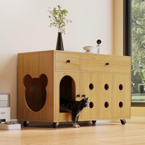 Armadietto Per Lettiere Sweiko (Lettiera Mobile) - Armadietto/Casa Per Gatti Con Piastra Di Drenaggio Della Sabbia Rimovibile, Isolato Dagli Odori, Senza Lettiera, 100×45×66 Cm (Colore Legno Naturale, Colore Acero Giallo)-image