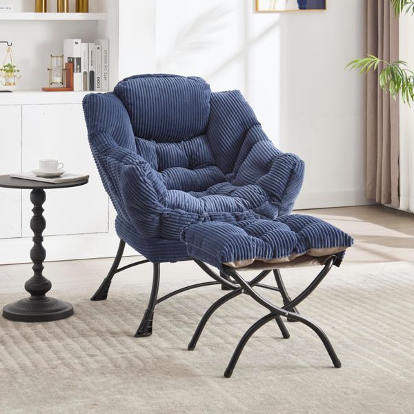 Poltrona Sweiko Con Ottomana, Poltrona Moderna Con Braccioli E Tasca Laterale, Poltrona Imbottita Per Il Tempo Libero, Poltrona Da Lettura Con Poggiapiedi Per Piccoli Spazi, Poltrona Angolare Blu Marino-image