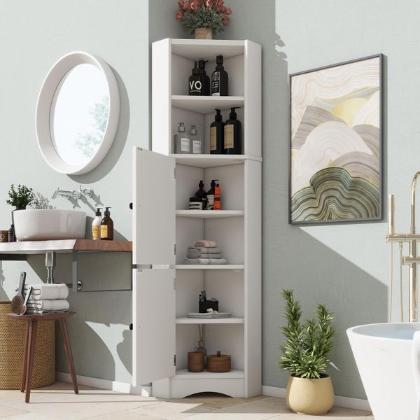 Fortuna Lai Armadio Da Bagno Triangolare, Verniciato Integralmente, Due Ripiani Aperti, Due Ante, Divisori Regolabili, Forma Semplice, Bianco-image