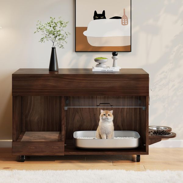 Sweiko Armadietto Mobile Per Lettiere (Armadietto Per Toilette Per Gatti) - Con Piastre Per Il Cibo Del Gatto, Vassoio Per La Raccolta Della Sabbia, Piastra Forata Con Fori Per L'aggancio, Senza Vaschetta Per La Lettiera, 100×45,5×67 Cm, Colore Noce-image