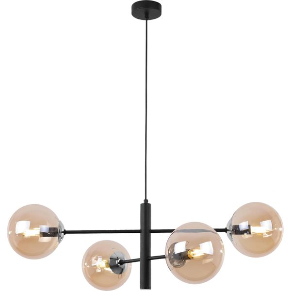 Lampada A Sospensione Vicenza Nero-Cromo A 4 Luci Con Paralumi Ambrati E14-image