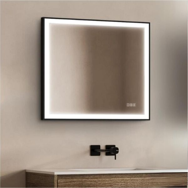 Specchio Led Rettangolare L60/80/120Cm Con Cornice In Alluminio Nero Veluna-image