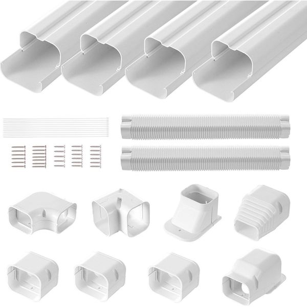Copri Linea Mini Split 76,2 Mm L 5350 Mm L, Copertura Decorativa Delle Tubazioni In Pvc Per Il Condizionamento Dell'aria Con 4 Condotti Diritti E Componenti Completi, Verniciabile Per Pompe Di Calore, Bianco-image