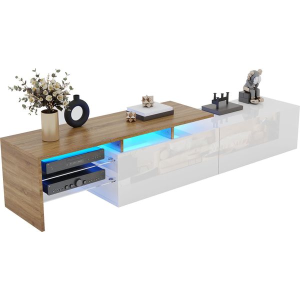 Mobile Tv Moderno Sweiko Di Design: Elegante E Raffinato, Pratico Spazio Di Archiviazione, Bianco Lucido, Aspetto Legno, Ripiani In Vetro, Illuminazione A Led-image