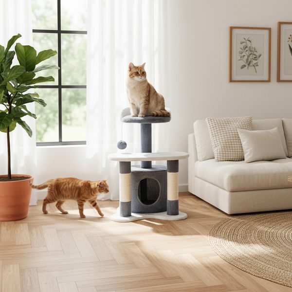 Belviona Tiragraffi Per Gatti 65 Cm, Tiragraffi Compatto Con Grotta, Area Per Sdraiarsi E Pali In Sisal, Stabile Luogo Di Gioco E Riposo, Grigio/Bianco-image