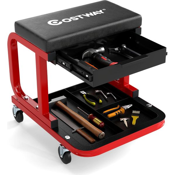 Sgabello Da Officina Costway Con Rotelle, Cassetto E Ripiano, Sgabello Rotante Fino A 185 Kg, Officina, Sedile Rotante, Sedia Da Officina, Sgabello Da Montaggio Nero-image