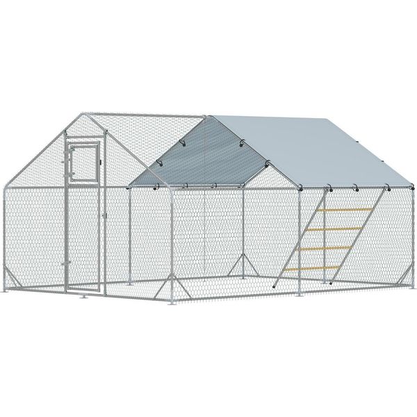 Recinto Per Polli Per Polli In Acciaio, Gabbia Per Polli 300 X 400 X 195 Cm Con Copertura Resistente Ai Raggi Uv, Porta Di Alimentazione, Mangiatoia Sospesa, Trespolo, Recinto Per Polli Per 12-18 Polli, Piccoli Animali, Argento-image