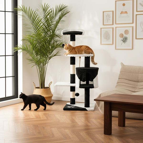 Belviona Tiragraffi Per Gatti, Tiragraffi Compatto Da 112 Cm Con Palline, Sisal E Grotta Di Coccole, Nero/Bianco-image