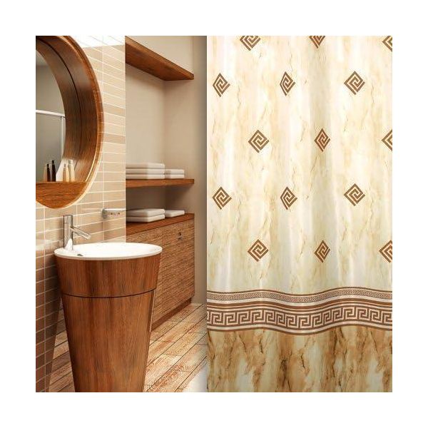 Tenda Doccia In Tessuto, Stile Coloniale, Beige E Marrone, 240X200 Cm, Con Anelli E Pesi Per Tenda Doccia Pesi-image