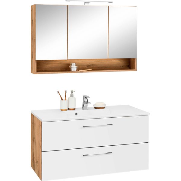 BadmöBel-Set Welltime "Soria", Weiß (Eichefarben, Weiß), Holzwerkstoff, Mdf, Melamin, KastenmöBel-Sets, BadmöBel-Set, Waschplatz Breite 100 Cm, Spiegelschrank-image