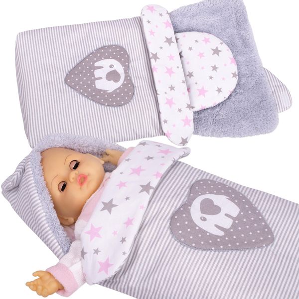Fascia Per Bambole Bobo Per Neonato Con Cappuccio E Applicazioni Con Elefante. Coperta Per Passeggini Per Bambole - Strisce Grigie Con Elefantino-image