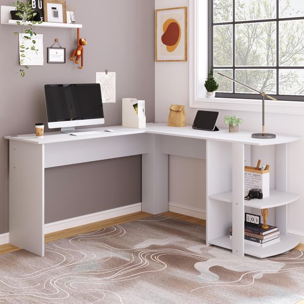 Scrivania Angolare Sweiko 140 Cm Scrivania Per Computer, Scrivania Angolare A L Con 2 Ripiani, H75/B140/L140 Cm Bianco-image