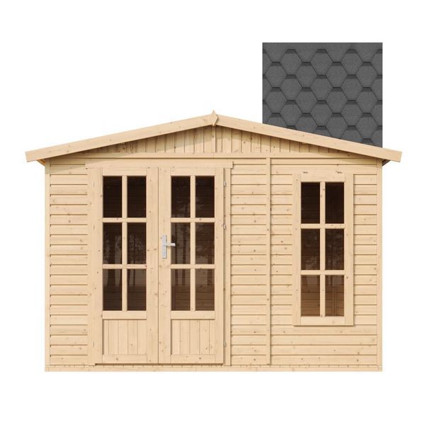 Casetta Da Giardino In Legno 6 M2 - H232 X 332 X 222 Cm - Grande Casetta Da Giardino Multifunzionale - Casetta Per Attrezzi In Legno Da Giardino - Tegole Bituminose Nere - Timbela M334FB+H334FBBLACK-image